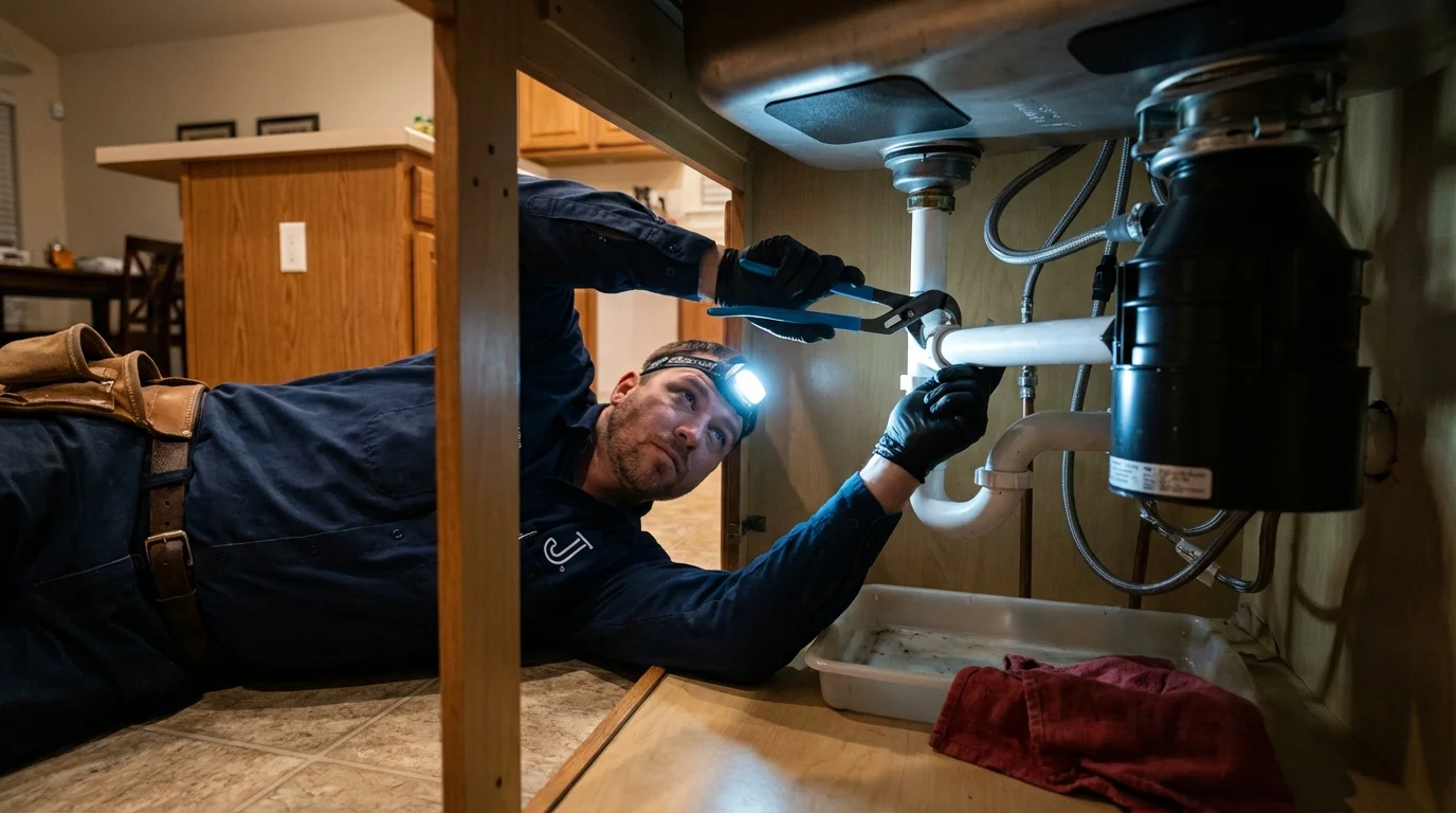 P-trap and supply line connections under a kitchen sink showing a common leak point in Du Quoin, IL